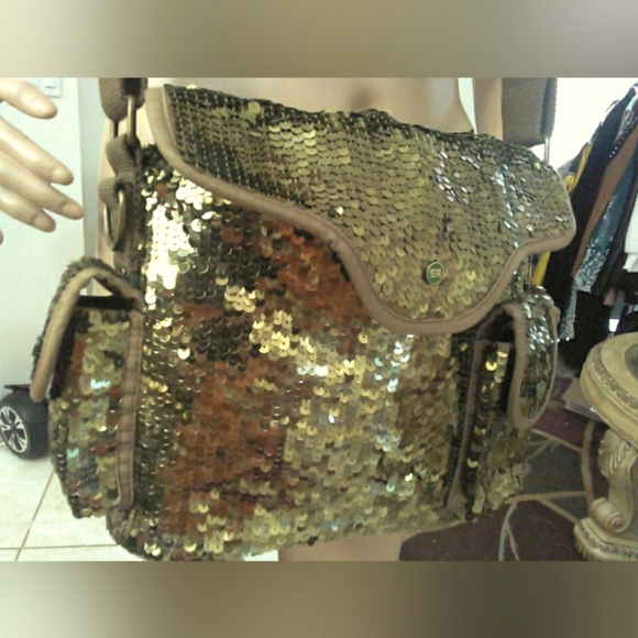 LUX SONIA RYKIEL Gold Bag/ Backpack W/ Shimmering Sequins &...
